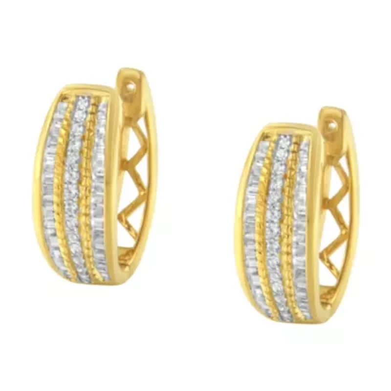10K Yellow Gold 3/4 Ct Pave and Channel Diamond Triple Row Modern Hoop Earrings