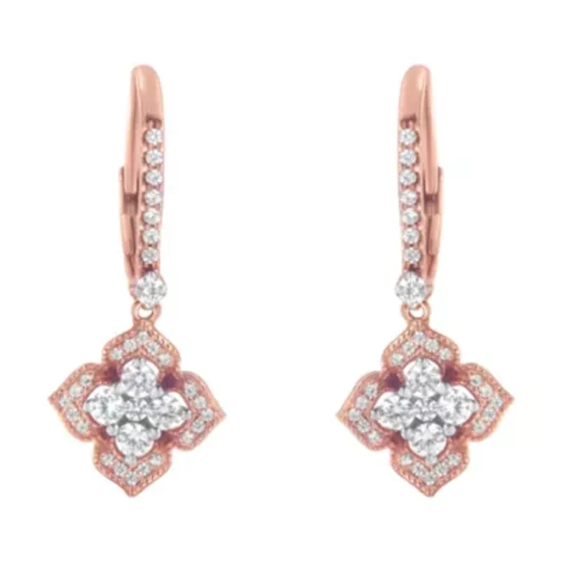 10K Rose Gold 3/4 Ct Diamond Flower Drop Dangle Earring