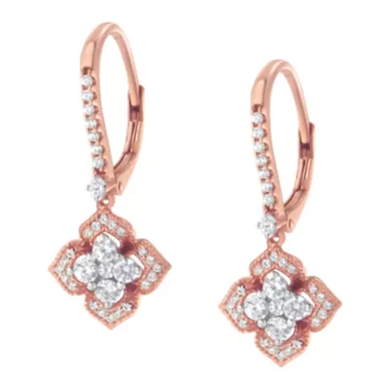 10K Rose Gold 3/4 Ct Diamond Flower Drop Dangle Earring