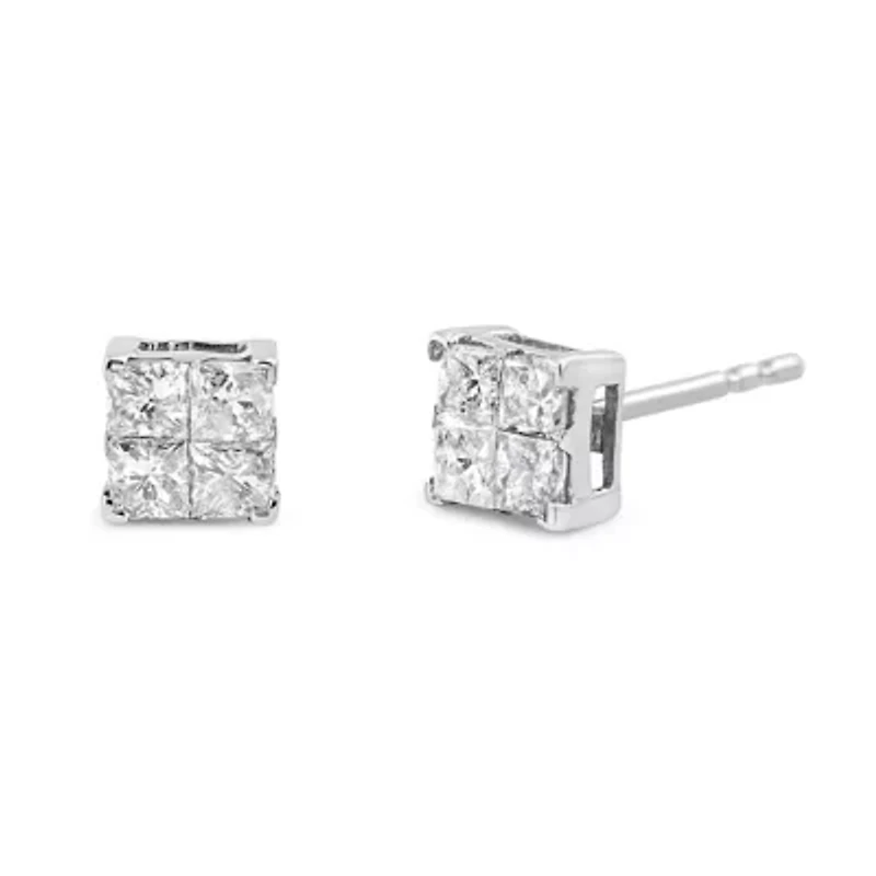 10K White Gold 1.00 Ct Invisible Princess Composite Square Shape Stud Earrings