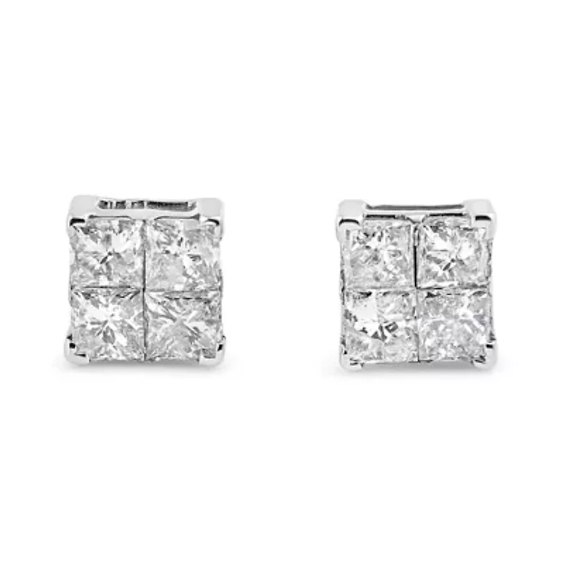 10K White Gold 1.00 Ct Invisible Princess Composite Square Shape Stud Earrings