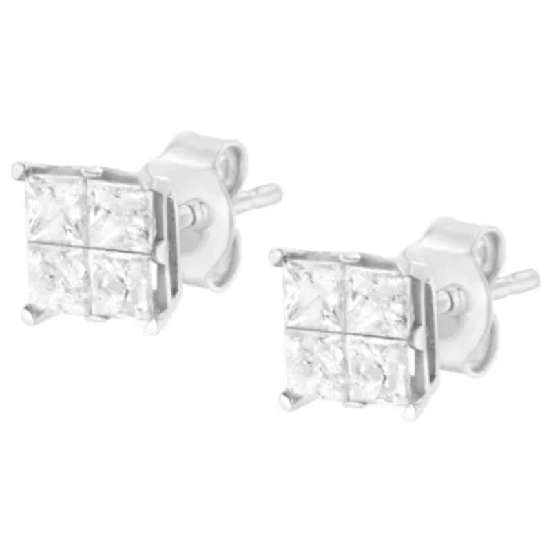 10K White Gold 1.00 Ct Invisible Princess Composite Square Shape Stud Earrings
