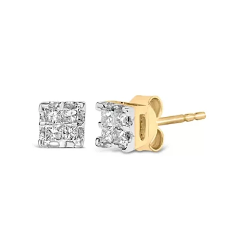 10k Yellow Gold Princess Diamond Quad Stud Earrings