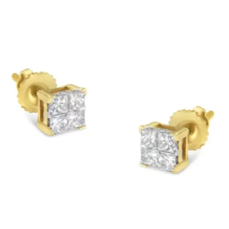 10KT Gold Princess Diamond Composite Stud Earrings