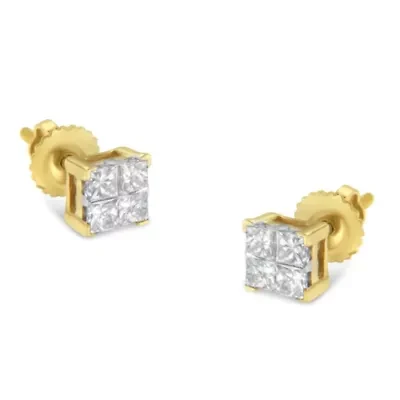10KT Gold Princess Diamond Composite Stud Earrings