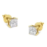 10KT Gold Princess Diamond Composite Stud Earrings