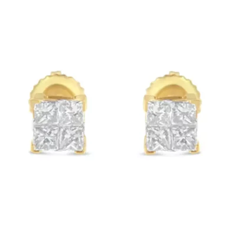 10KT Gold Princess Diamond Composite Stud Earrings