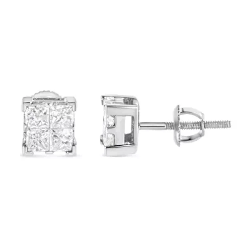 10K White Gold 3/4 Ct Invisible Princess Composite Square Stud Earrings
