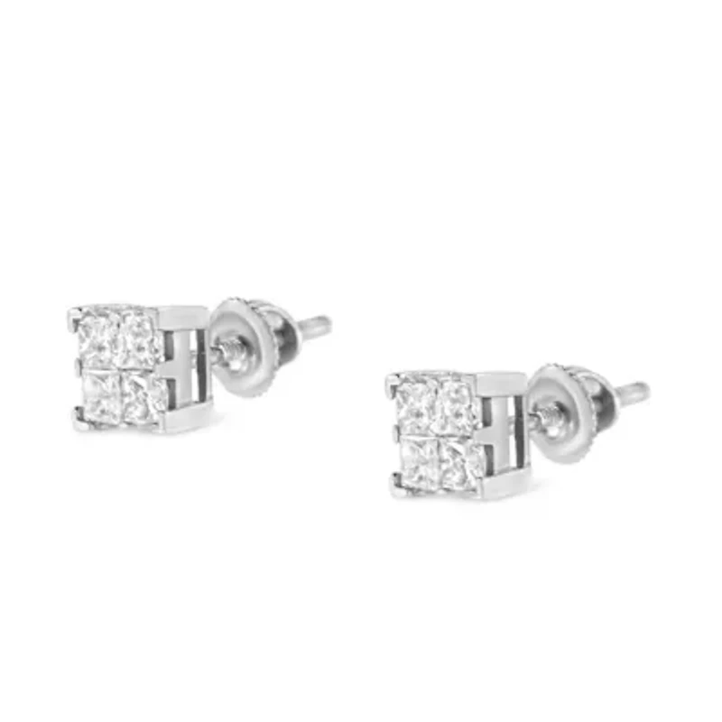 10K White Gold 3/4 Ct Invisible Princess Composite Square Stud Earrings