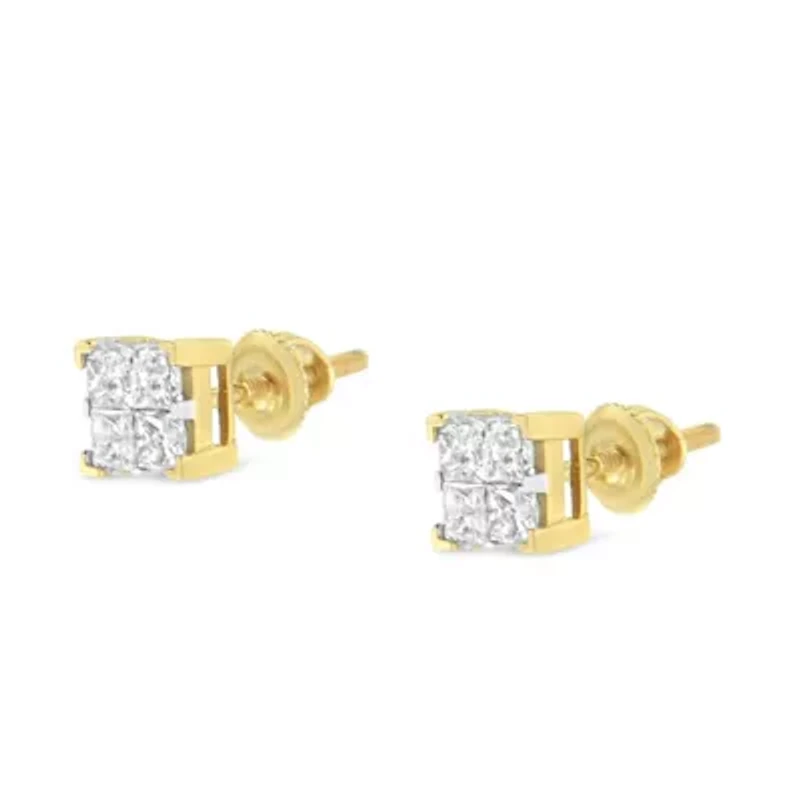 10K Yellow Gold 3/4 Ct Invisible Princess Composite Square Stud Earrings