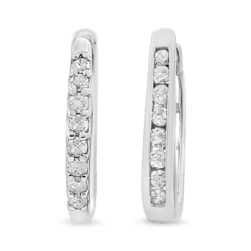 10K White Gold 1/5 Ct RoundDiamond Modern Hoop Earrings