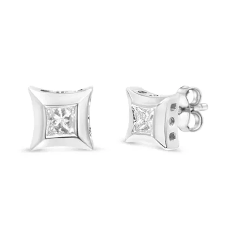 10K White Gold 1/3 Ct Invisible Style Princess Stud Earrings