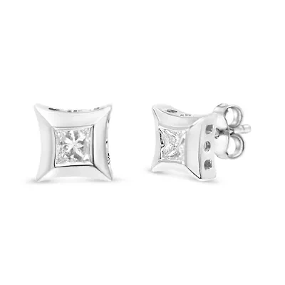 10K White Gold 1/3 Ct Invisible Style Princess Stud Earrings