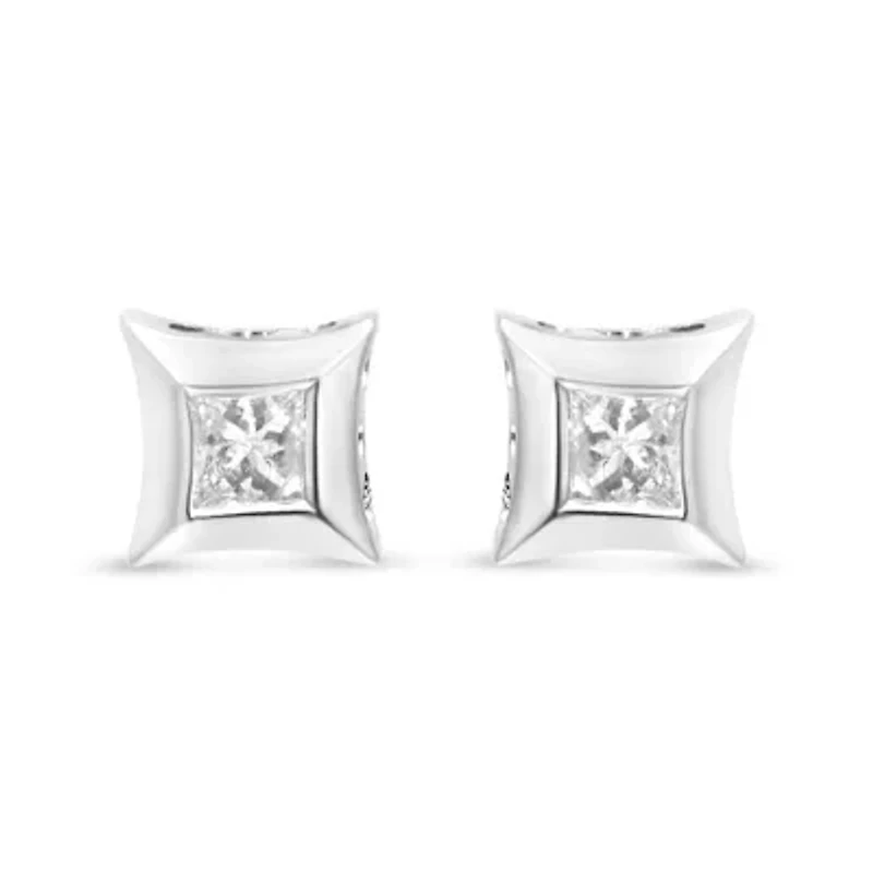 10K White Gold 1/3 Ct Invisible Style Princess Stud Earrings