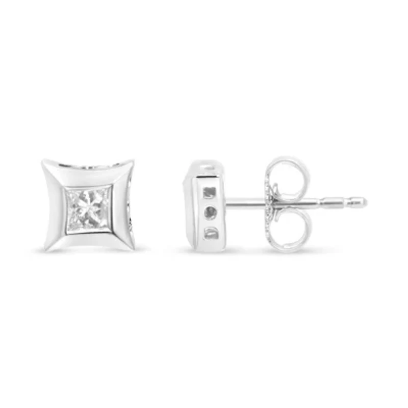 10K White Gold 1/3 Ct Invisible Style Princess Stud Earrings