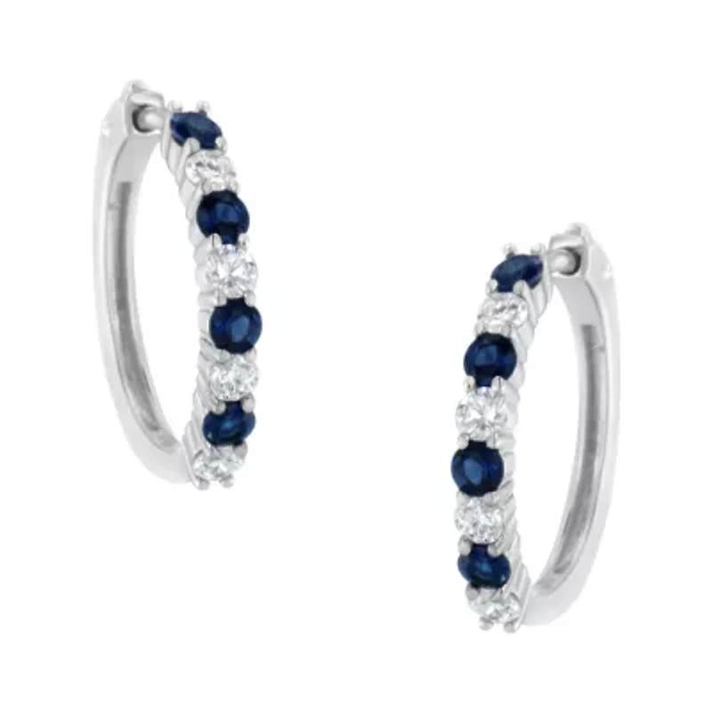 10K White Gold Diamond and Lab-Grown Blue Sapphire Leverback Hoop Earrings