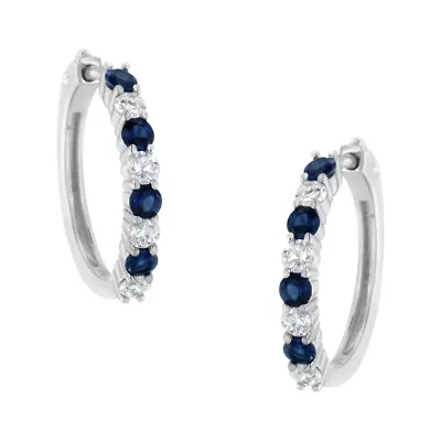 10K White Gold Diamond and Lab-Grown Blue Sapphire Leverback Hoop Earrings