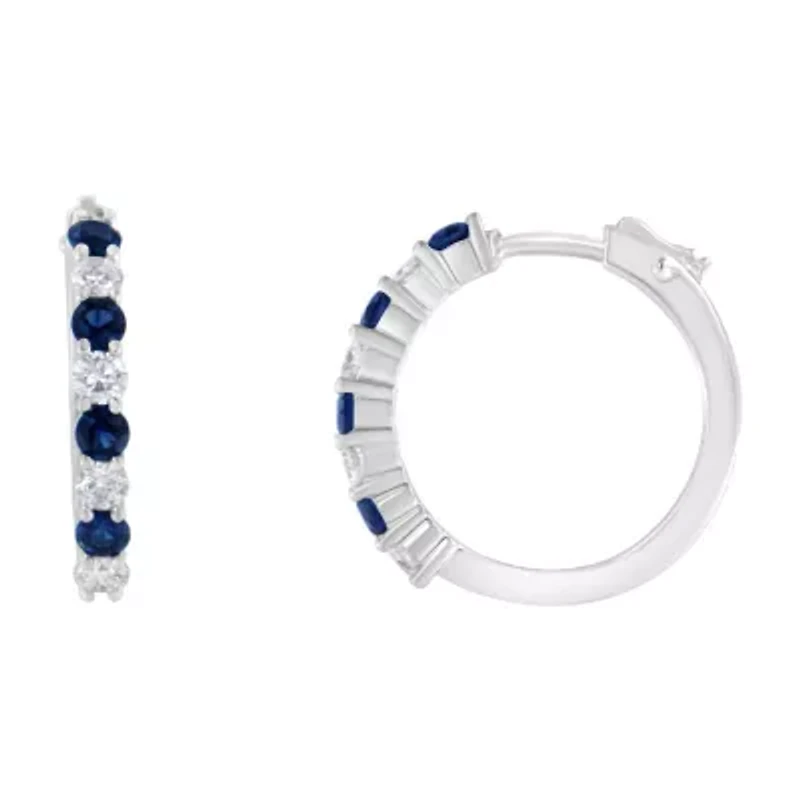 10K White Gold Diamond and Lab-Grown Blue Sapphire Leverback Hoop Earrings