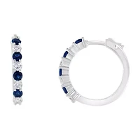 10K White Gold Diamond and Lab-Grown Blue Sapphire Leverback Hoop Earrings