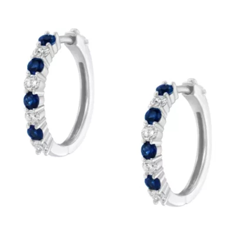 10K White Gold Diamond and Lab-Grown Blue Sapphire Leverback Hoop Earrings