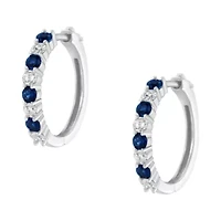 10K White Gold Diamond and Lab-Grown Blue Sapphire Leverback Hoop Earrings