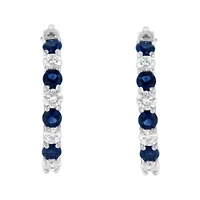 10K White Gold Diamond and Lab-Grown Blue Sapphire Leverback Hoop Earrings