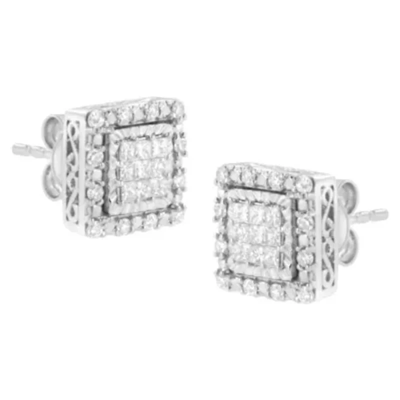 10K White Gold 1/2 Ct Invisible Princess Square Stud Earring