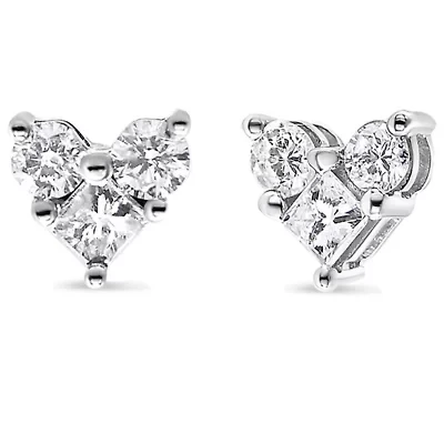 10K White Gold 1/2 Ct Diamond 3 Stone Trio Heart Stud Earring