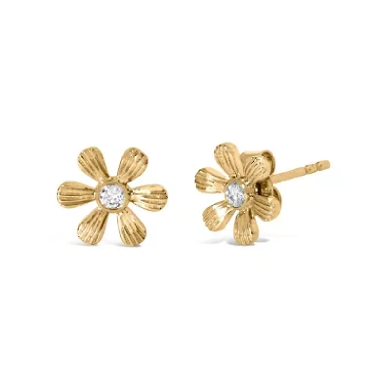 10K Yellow Gold Bezel Diamond Accent Hammered Finish Floral Stud Earrings