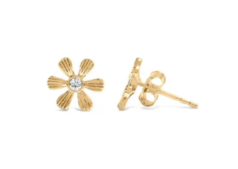 10K Yellow Gold Bezel Diamond Accent Hammered Finish Floral Stud Earrings