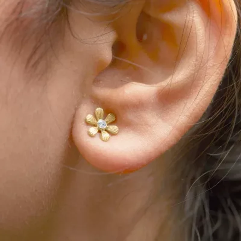 10K Yellow Gold Bezel Diamond Accent Hammered Finish Floral Stud Earrings