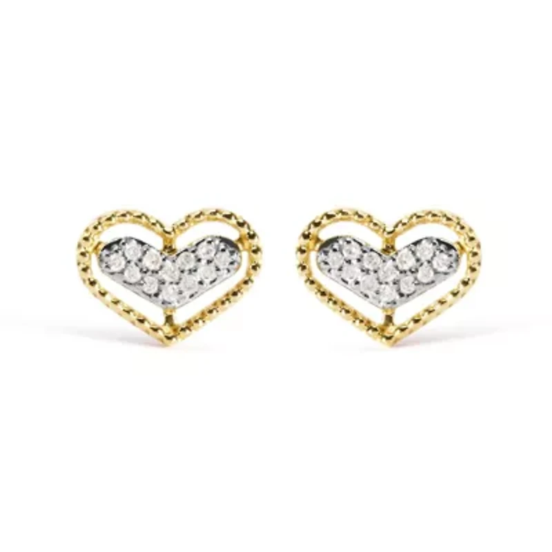 10K Yellow Gold 1/10 Ct Diamond Heart and Beaded Halo Stud Earrings
