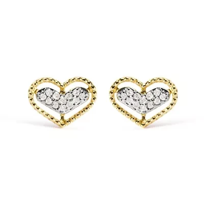 10K Yellow Gold 1/10 Ct Diamond Heart and Beaded Halo Stud Earrings