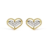 10K Yellow Gold 1/10 Ct Diamond Heart and Beaded Halo Stud Earrings