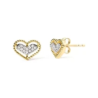 10K Yellow Gold 1/10 Ct Diamond Heart and Beaded Halo Stud Earrings