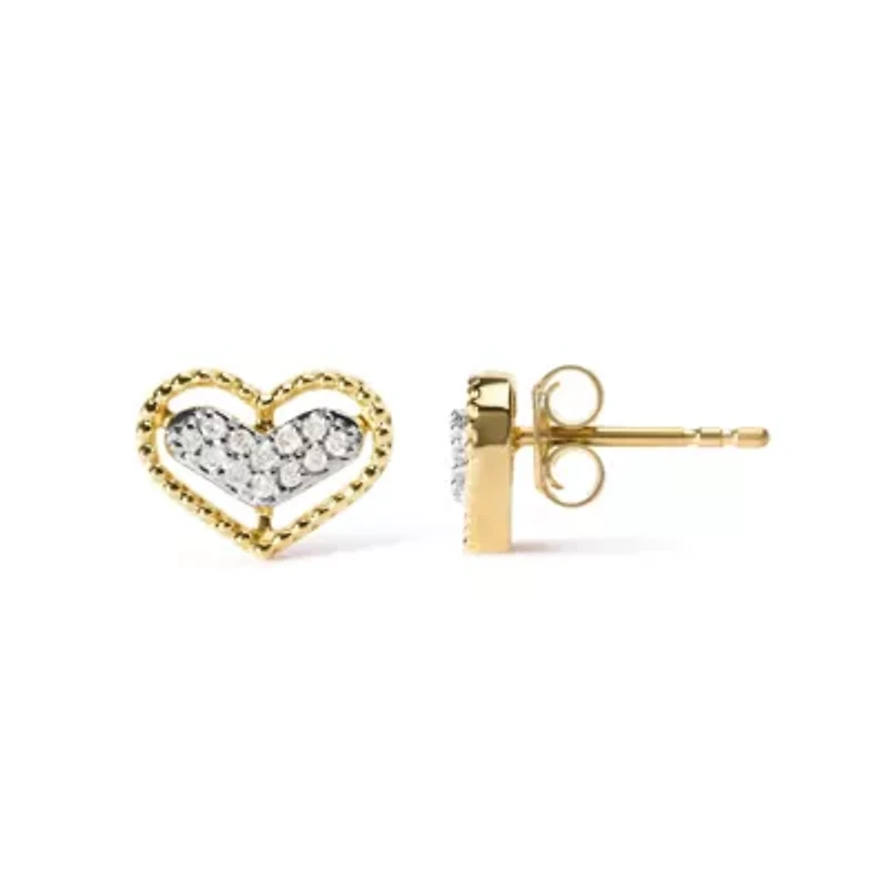 10K Yellow Gold 1/10 Ct Diamond Heart and Beaded Halo Stud Earrings