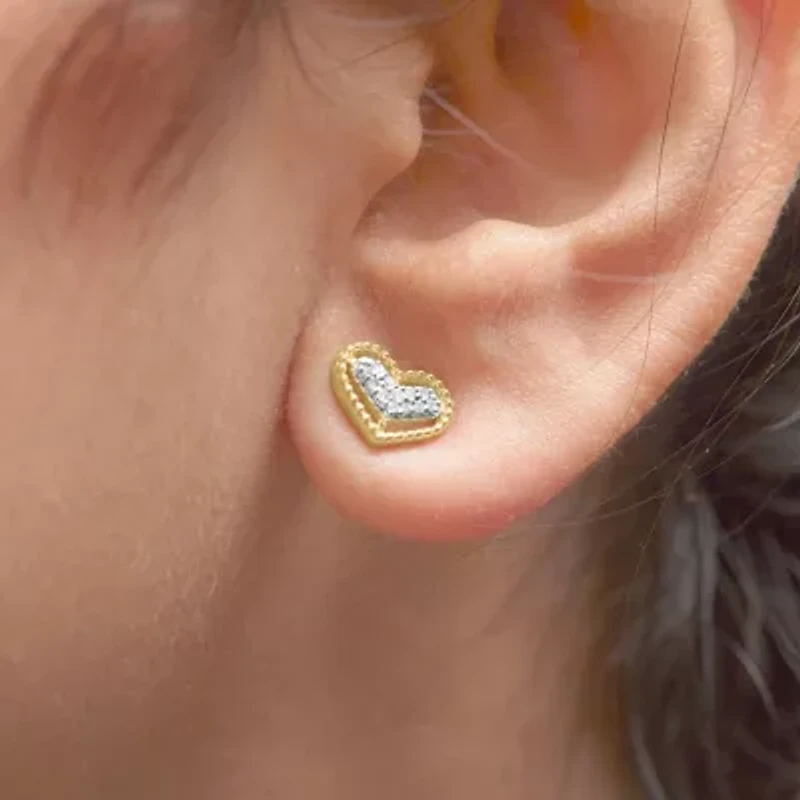 10K Yellow Gold 1/10 Ct Diamond Heart and Beaded Halo Stud Earrings