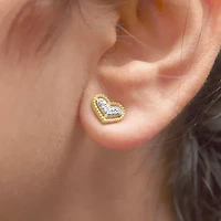 10K Yellow Gold 1/10 Ct Diamond Heart and Beaded Halo Stud Earrings
