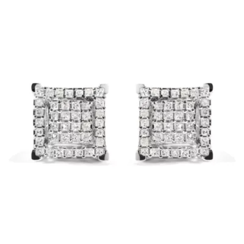 10K White Gold 1 1/4 Ct Princess Diamond Composite Square and Halo Stud Earrings