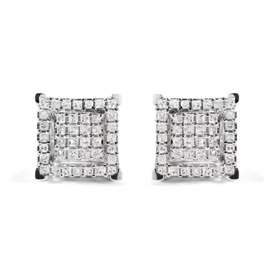 10K White Gold 1 1/4 Ct Princess Diamond Composite Square and Halo Stud Earrings