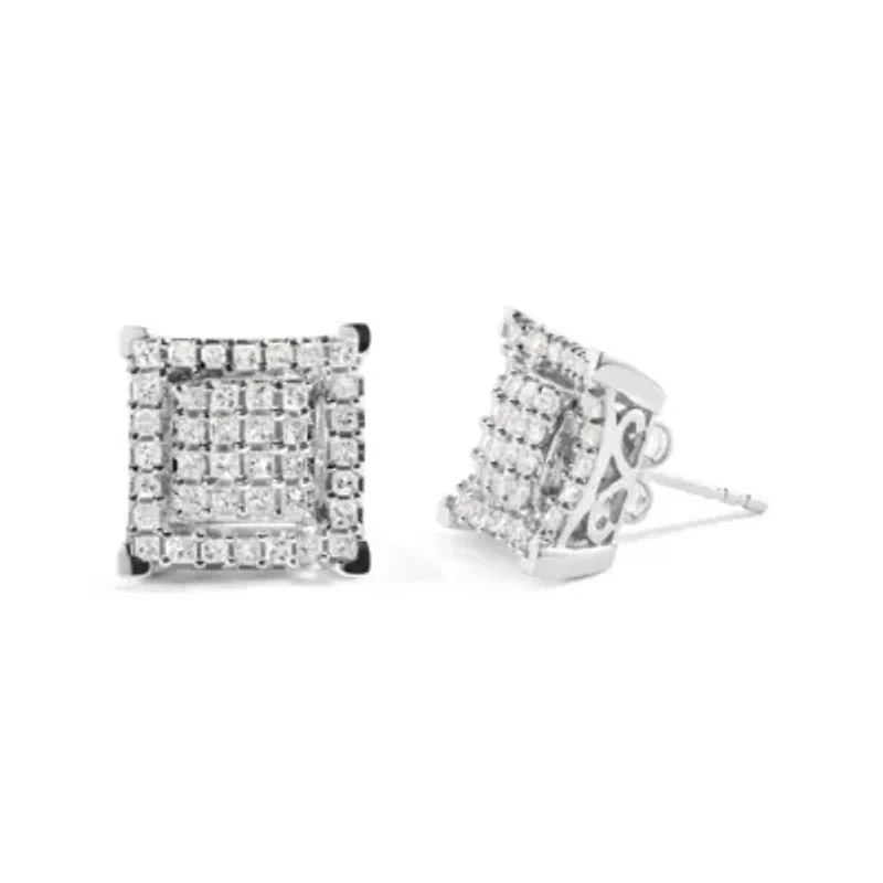 10K White Gold 1 1/4 Ct Princess Diamond Composite Square and Halo Stud Earrings