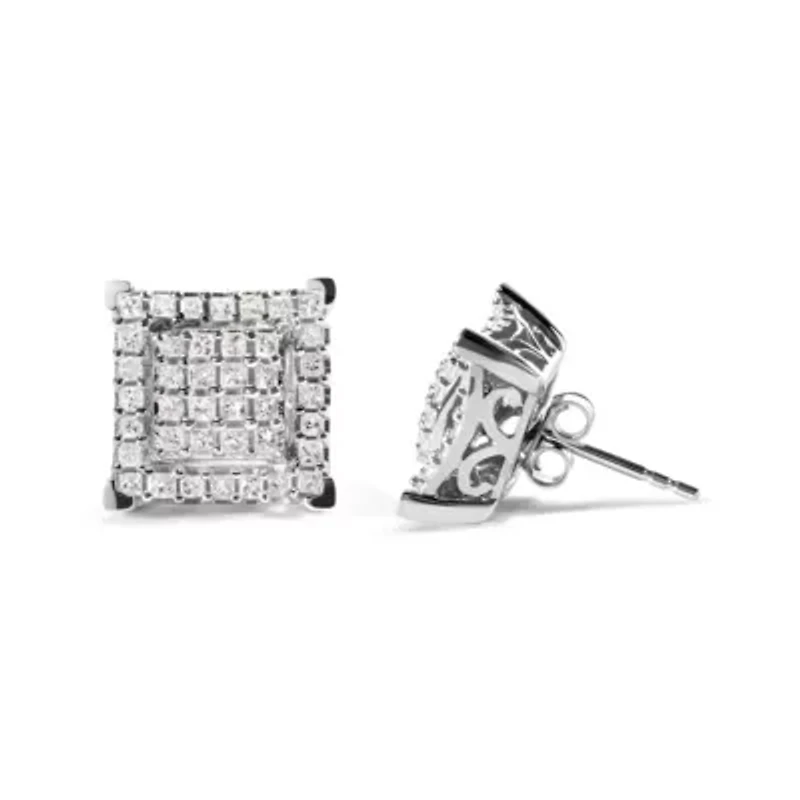 10K White Gold 1 1/4 Ct Princess Diamond Composite Square and Halo Stud Earrings