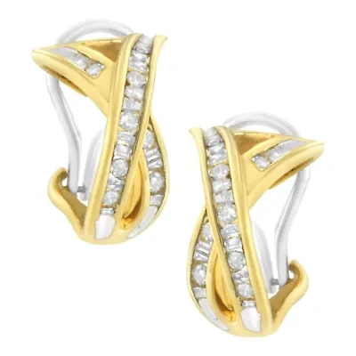 14K Yellow and White Gold 1/2 TDW "X" Shape Diamond Hoop Earrings