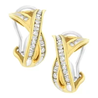 14K Yellow and White Gold 1/2 TDW "X" Shape Diamond Hoop Earrings