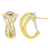 14K Yellow and White Gold 1/2 TDW "X" Shape Diamond Hoop Earrings