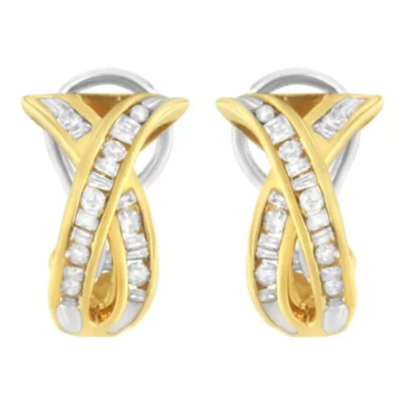 14K Yellow and White Gold 1/2 TDW "X" Shape Diamond Hoop Earrings