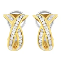 14K Yellow and White Gold 1/2 TDW "X" Shape Diamond Hoop Earrings