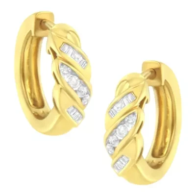 14K Yellow Gold 1/4 ct Alternating 3 Row Baguette & Diamond Huggy Hoop Earrings