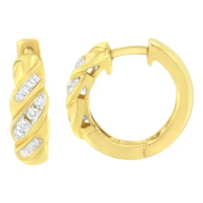 14K Yellow Gold 1/4 ct Alternating 3 Row Baguette & Diamond Huggy Hoop Earrings