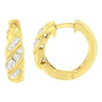 14K Yellow Gold 1/4 ct Alternating 3 Row Baguette & Diamond Huggy Hoop Earrings